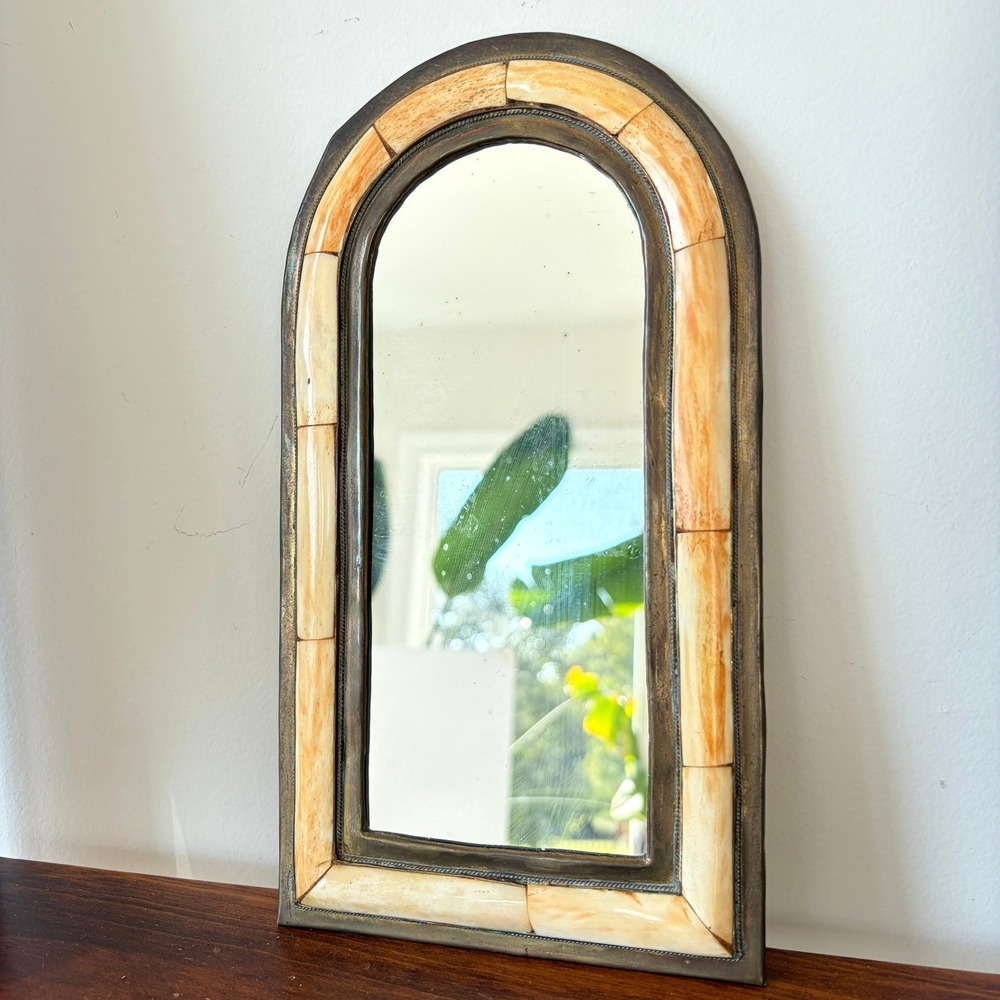 Vintage Moroccan Arched Wall Mirror Camel Bone Inlay Brass Frame 10 Inch Boho